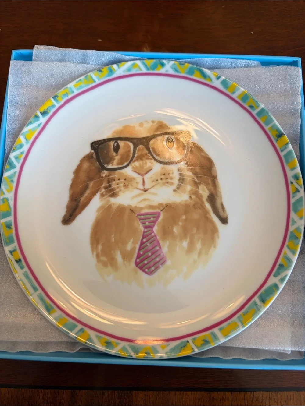 Pier 1 Bunny Salad Plates with Pink, Green and Teal Accents. New in box!